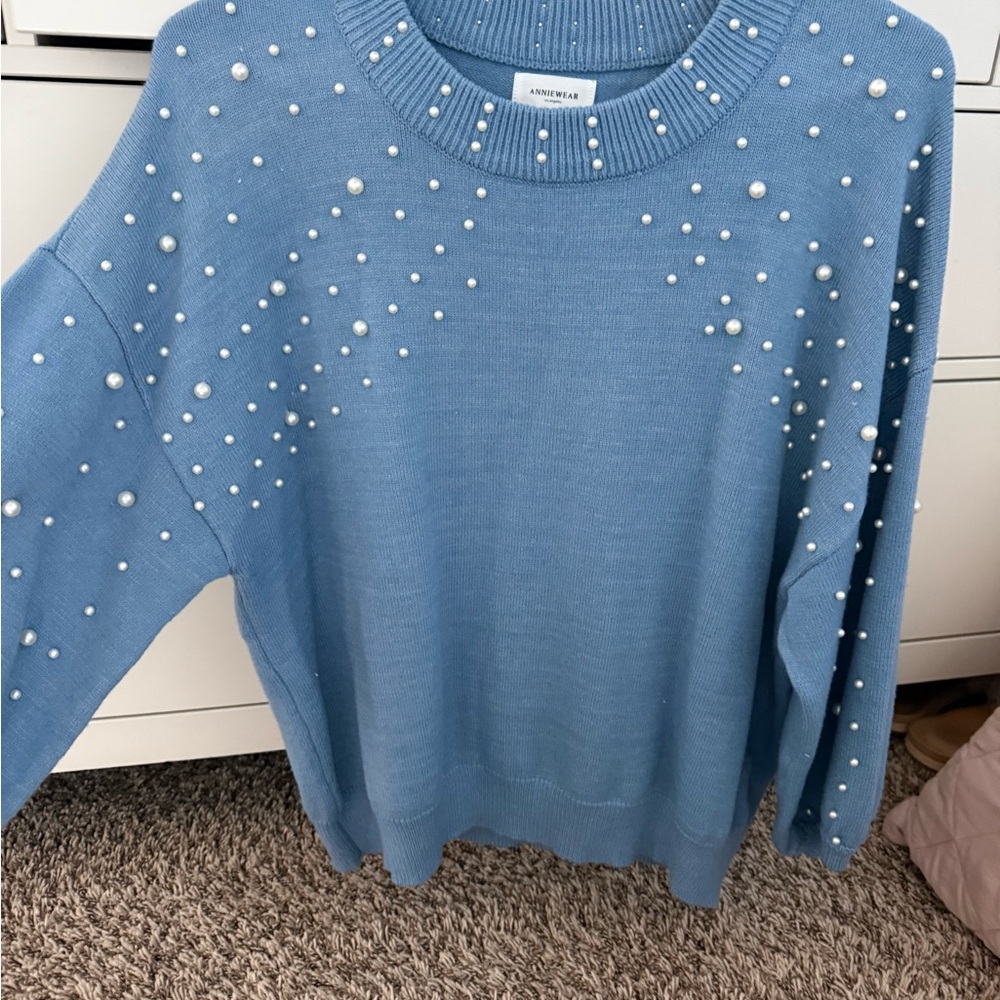 Anniewear Blue Pearl-Accent Crewneck Sweater
